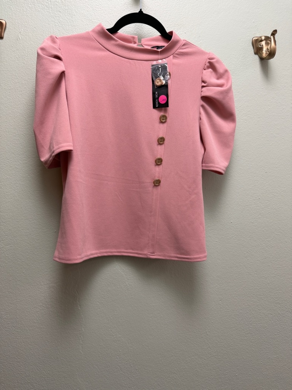 Pink Puff Sleeve Button-Accent Women's Blouse
